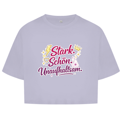 Damen Oversize Crop Top „Stark. Schön. Unaufhaltsam.“ – Empowerment Statement Top für Frauen