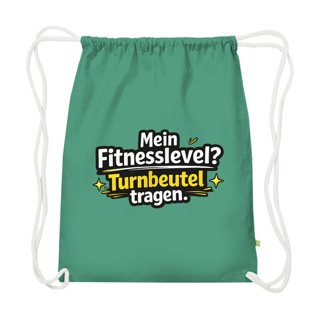 Premium Bio Turnbeutel – Lustiger Spruch „Mein Fitnesslevel? Turnbeutel tragen.“