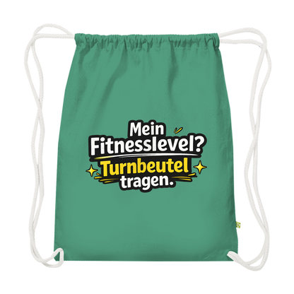 Premium Bio Turnbeutel – Lustiger Spruch „Mein Fitnesslevel? Turnbeutel tragen.“