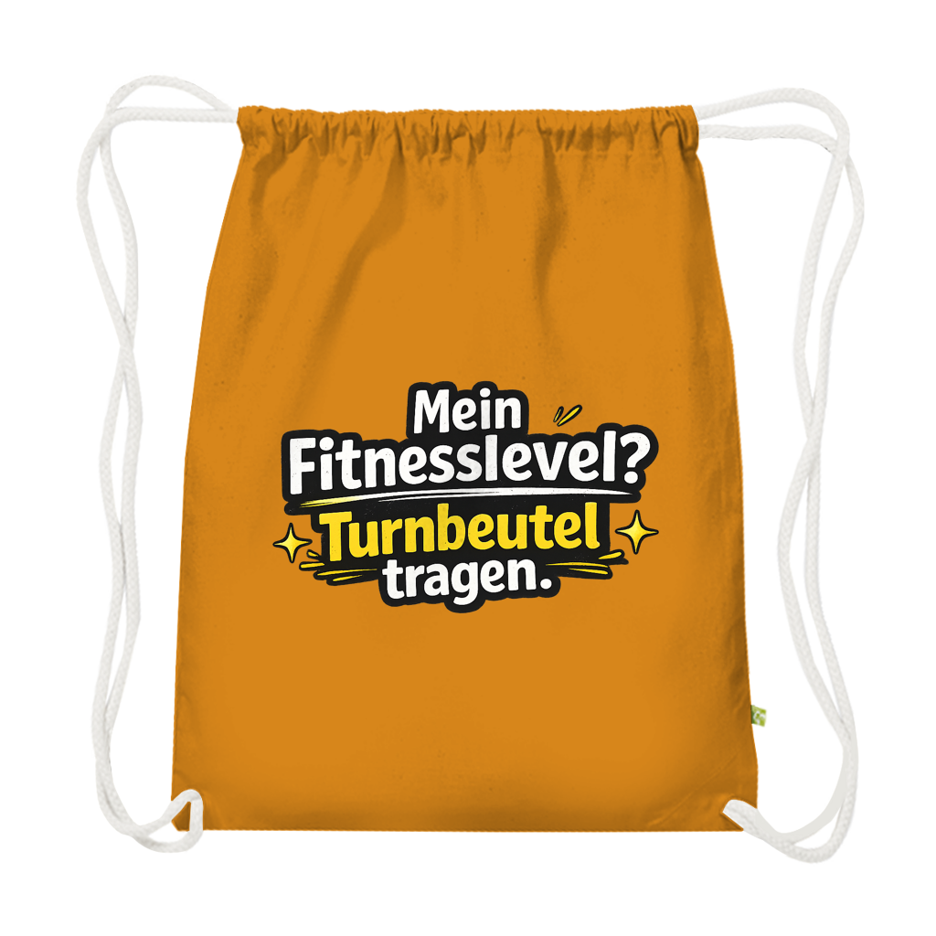 Premium Bio Turnbeutel – Lustiger Spruch „Mein Fitnesslevel? Turnbeutel tragen.“