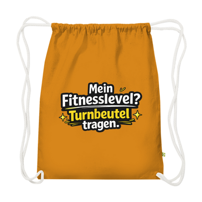 Premium Bio Turnbeutel – Lustiger Spruch „Mein Fitnesslevel? Turnbeutel tragen.“