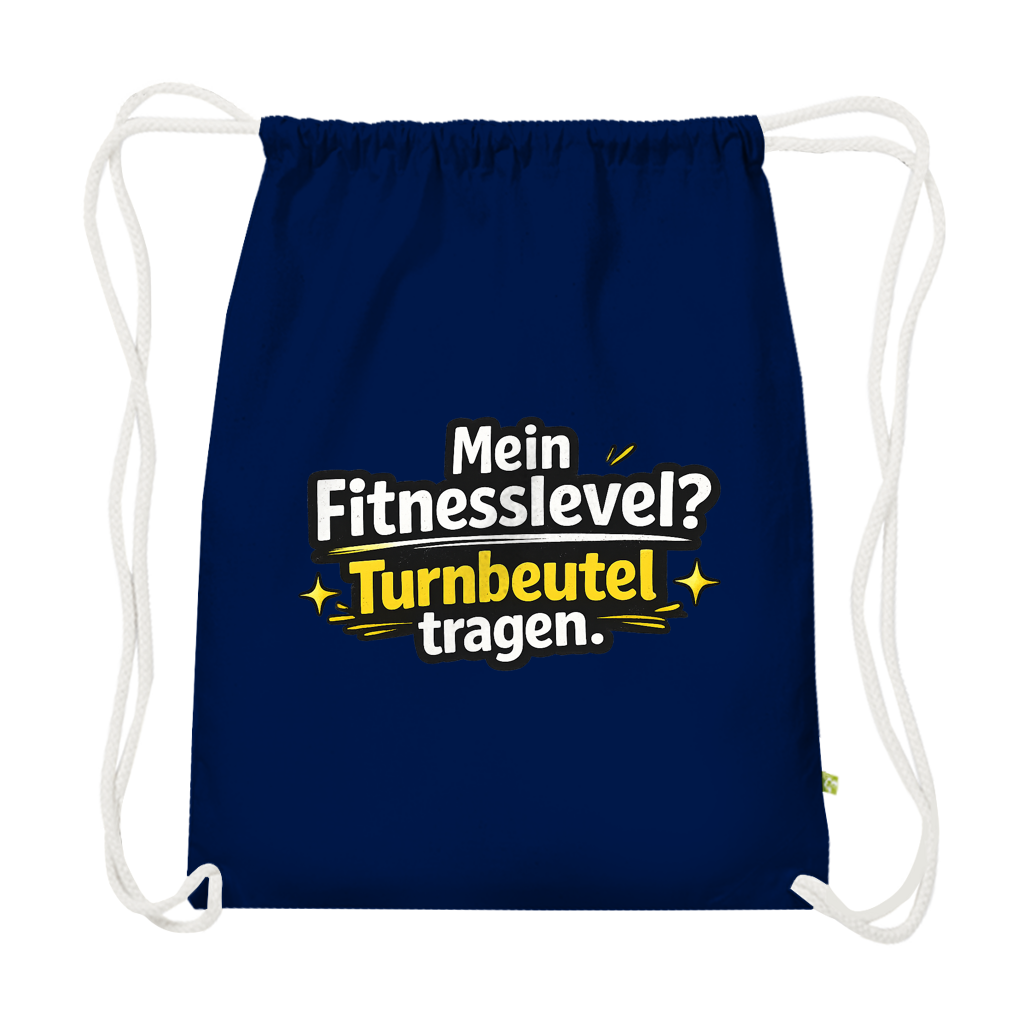 Premium Bio Turnbeutel – Lustiger Spruch „Mein Fitnesslevel? Turnbeutel tragen.“