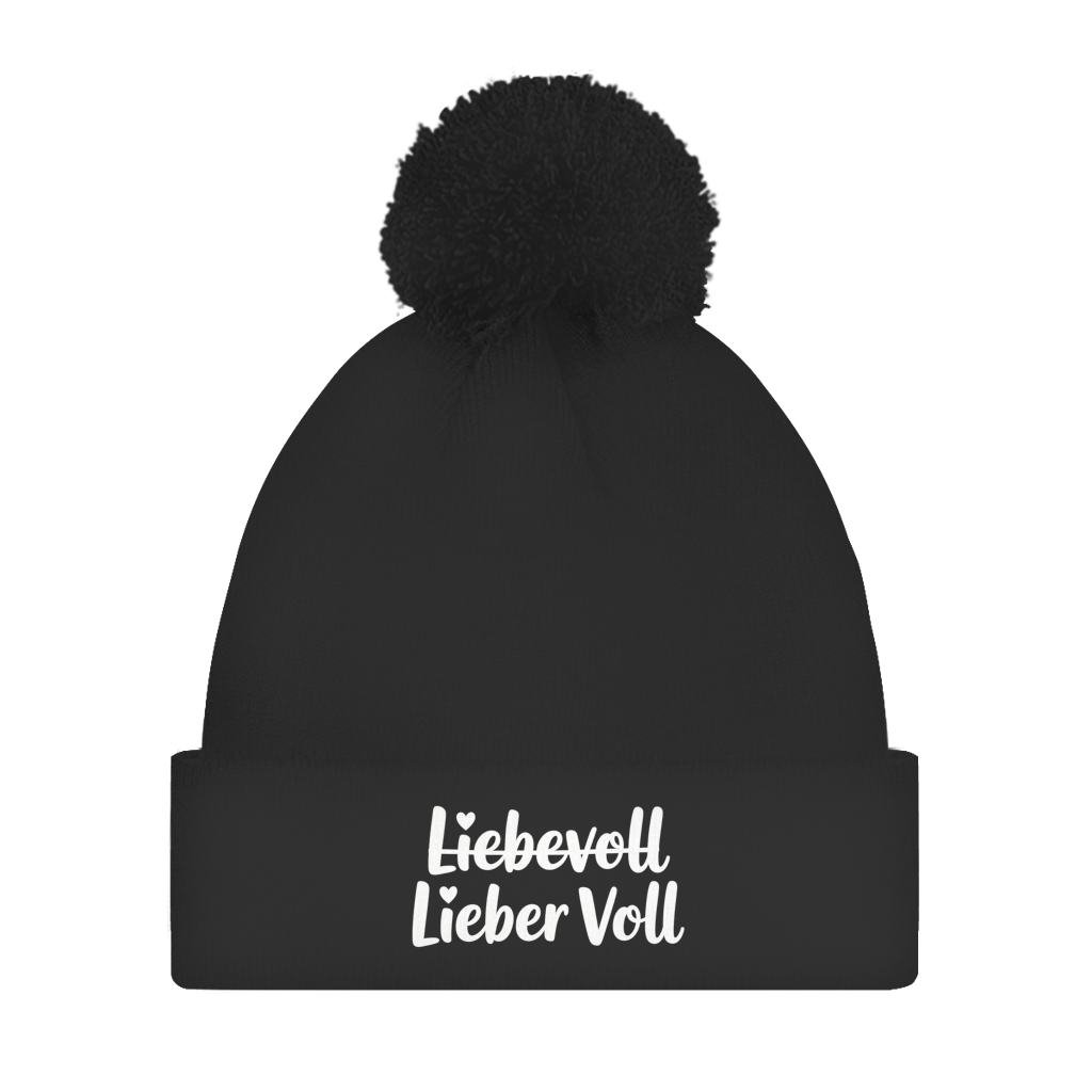 Bommelmütze „Liebevoll – Lieber Voll“ – Unisex Wintermütze mit Statement