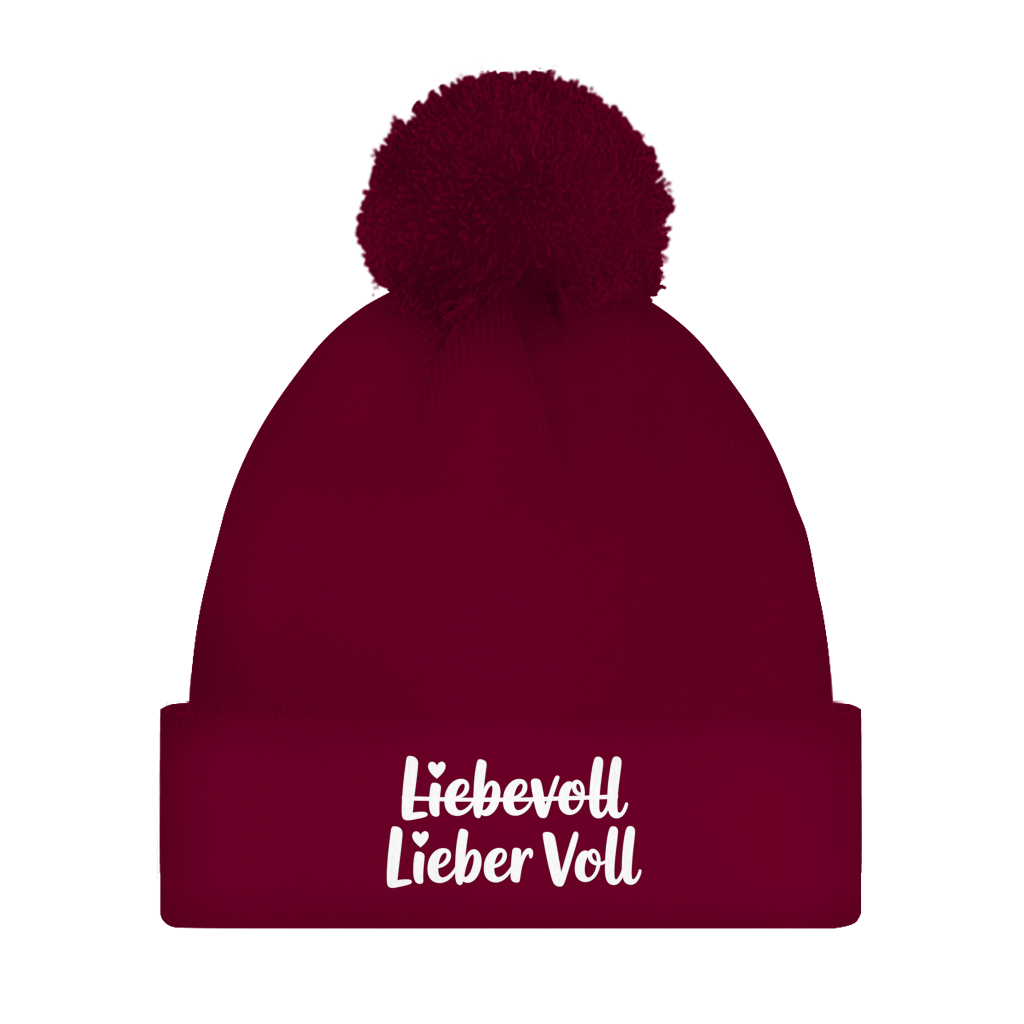 Bommelmütze „Liebevoll – Lieber Voll“ – Unisex Wintermütze mit Statement
