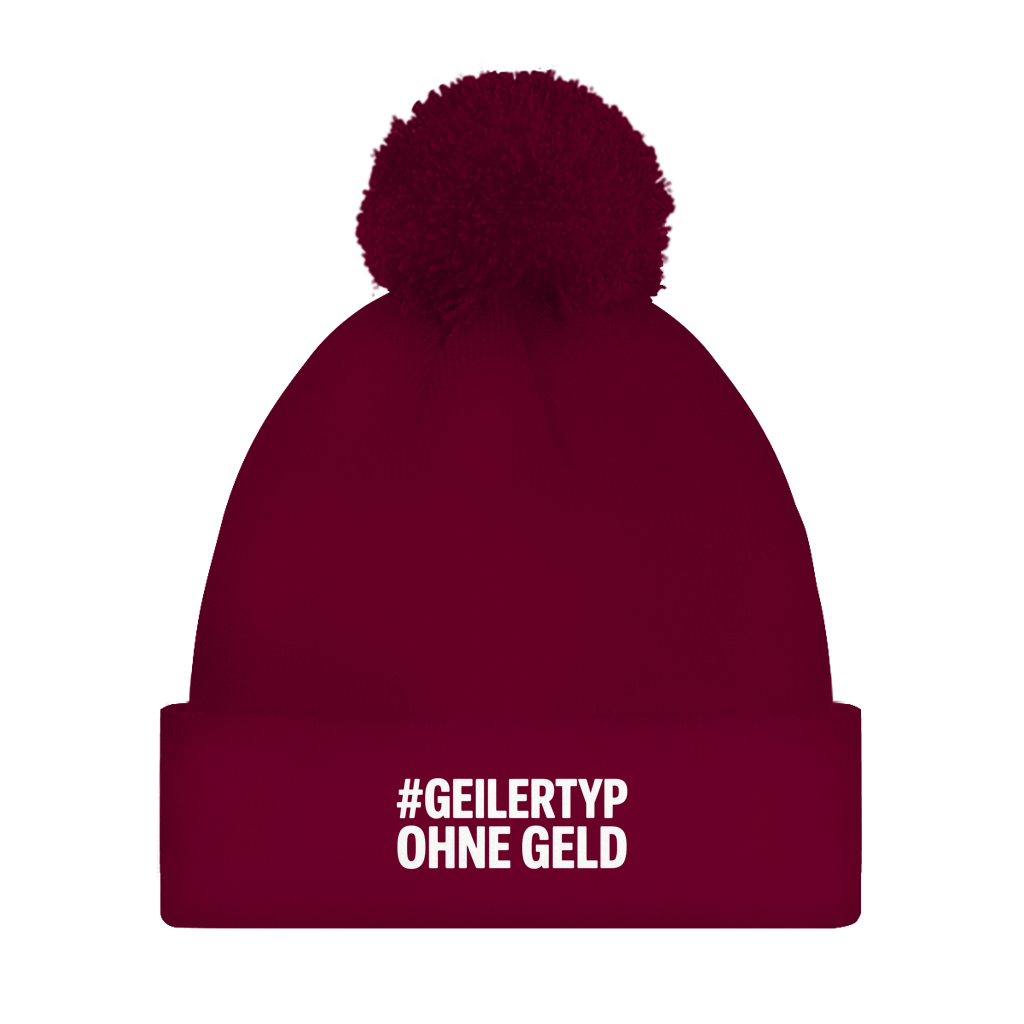 Bommelmütze „#GEILERTYP OHNE GELD“ – Unisex Statement Wintermütze mit Pompon
