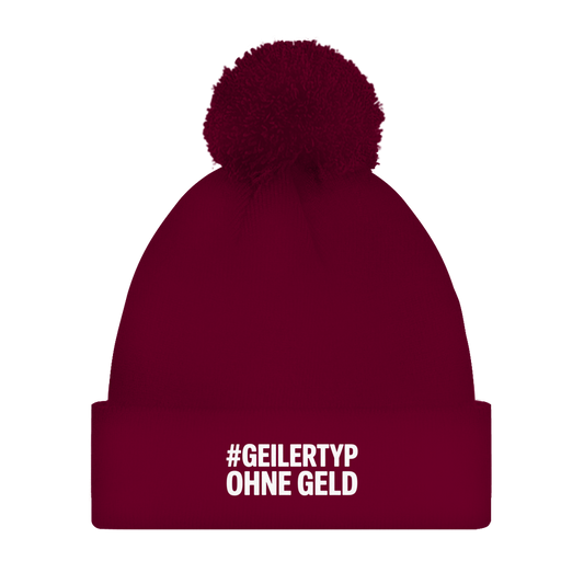 Bommelmütze „#GEILERTYP OHNE GELD“ – Unisex Statement Wintermütze mit Pompon