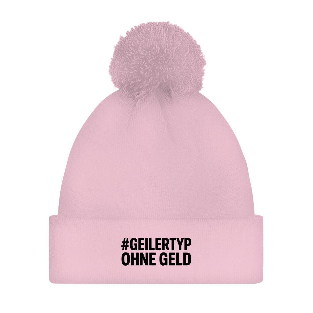 Bommelmütze „#GEILERTYP OHNE GELD“ – Unisex Statement Wintermütze mit Pompon