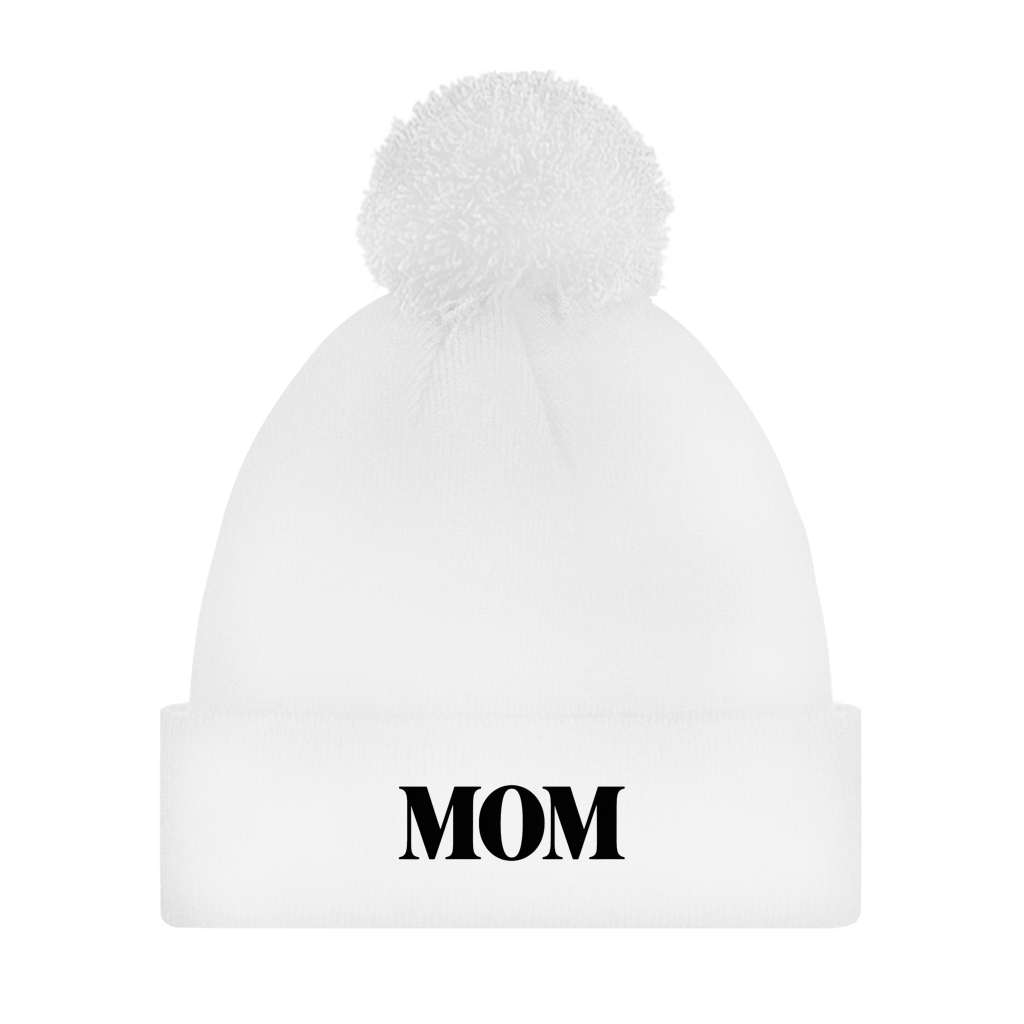Bommelmütze „MOM“ – Unisex Statement Wintermütze mit Pompon