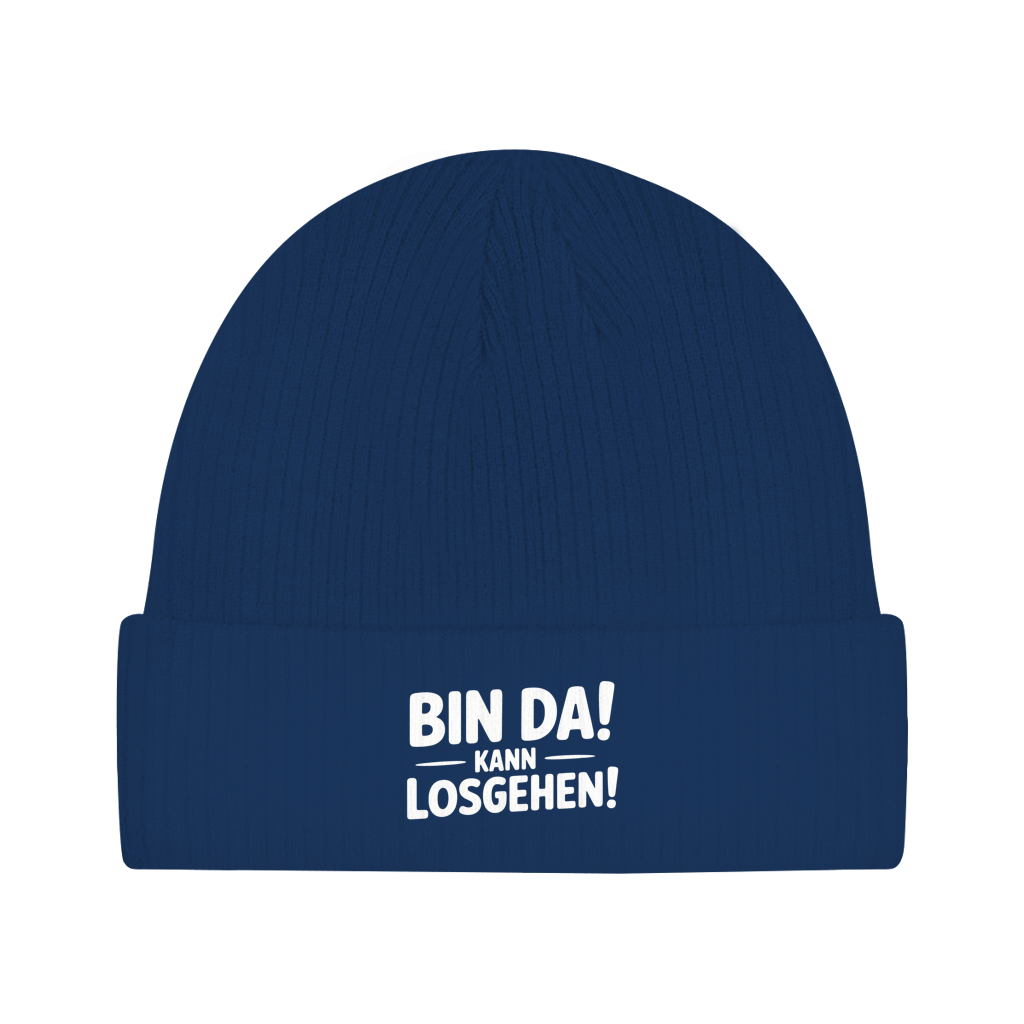 Beanie „Bin da – kann losgehen“ – Unisex Statement Beanie aus Bio-Baumwolle, weich & bequem