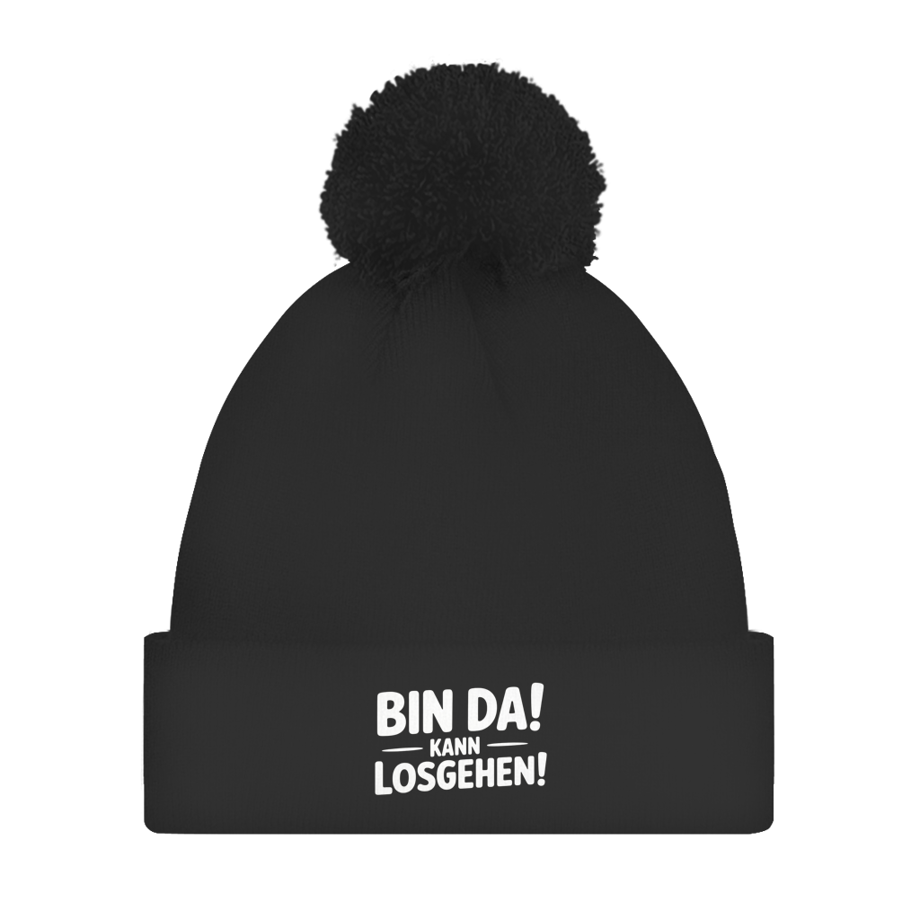 Bommelmütze „Bin da – kann losgehen“ – Unisex Statement Wintermütze mit Pompon