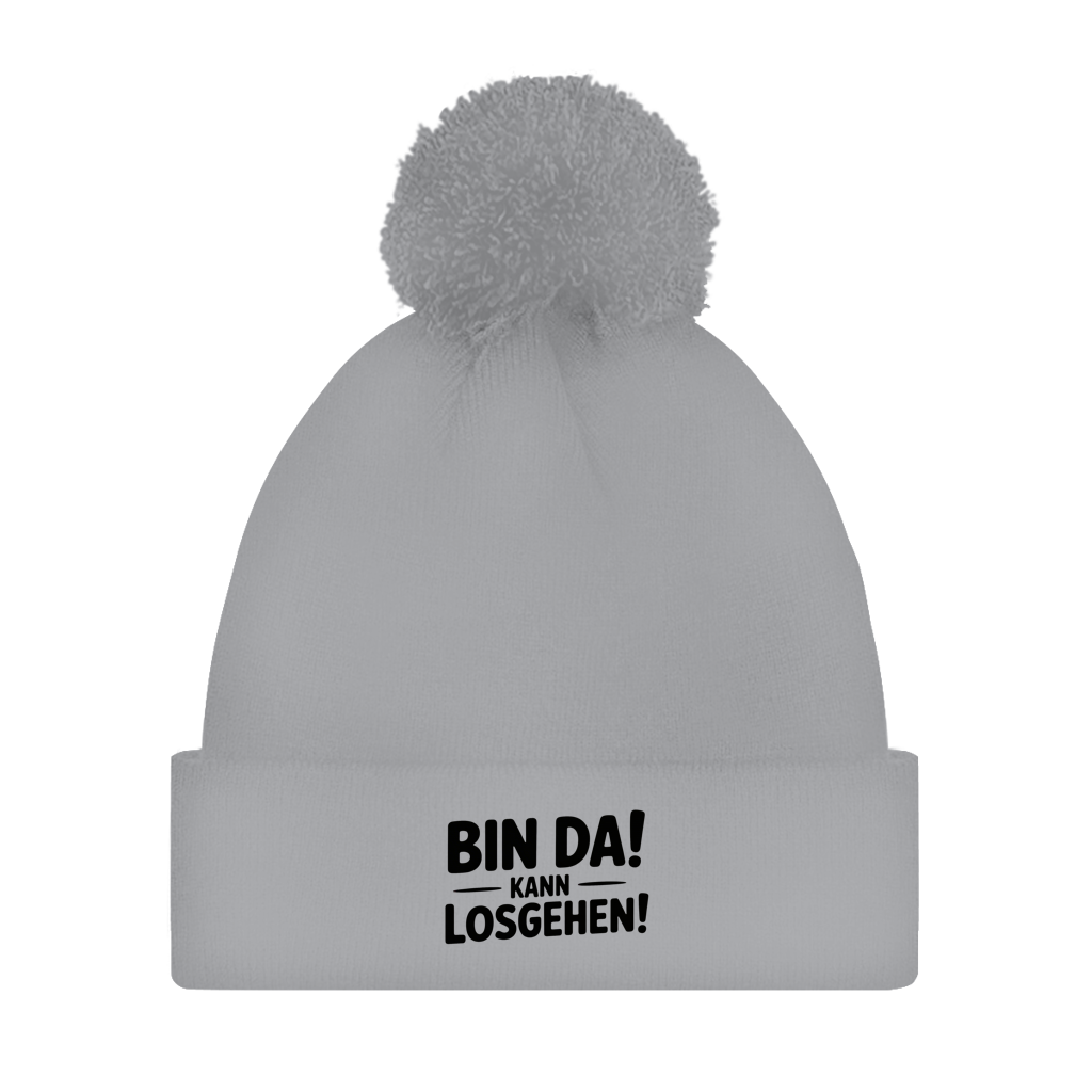 Bommelmütze „Bin da – kann losgehen“ – Unisex Statement Wintermütze mit Pompon