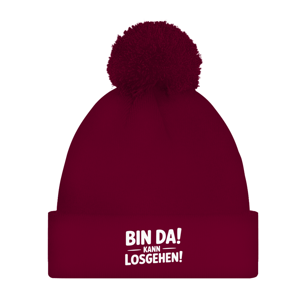 Bommelmütze „Bin da – kann losgehen“ – Unisex Statement Wintermütze mit Pompon