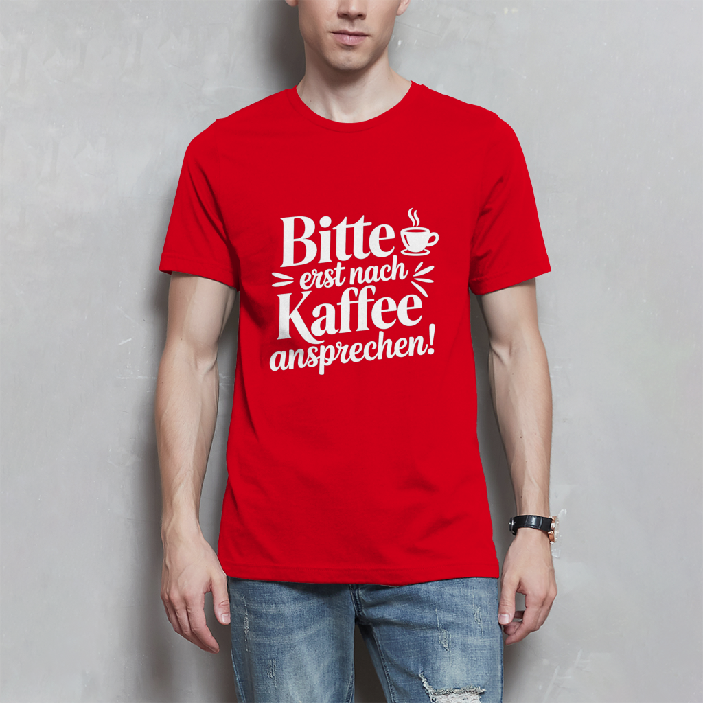 Herren T-Shirt „Bitte erst nach Kaffee ansprechen“ Schwarz – Lustiges Kaffee Shirt