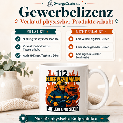 Verkaufsbild zur Gewerbelizenz für physische Endprodukte für das digitale Feuerwehrmann-Tassendesign.
