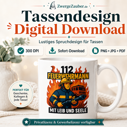 Vorschaubild für digitales Tassendesign 112 Feuerwehrmann mit Leib und Seele mit weisser Tasse und Sofort-Download-Hinweisen.