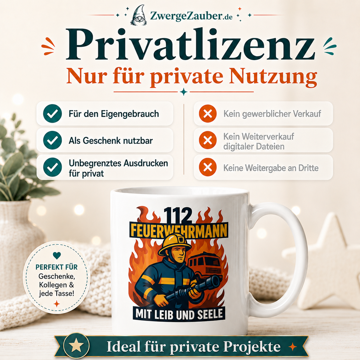 Verkaufsbild zur Privatlizenz für das digitale Feuerwehrmann-Tassendesign.