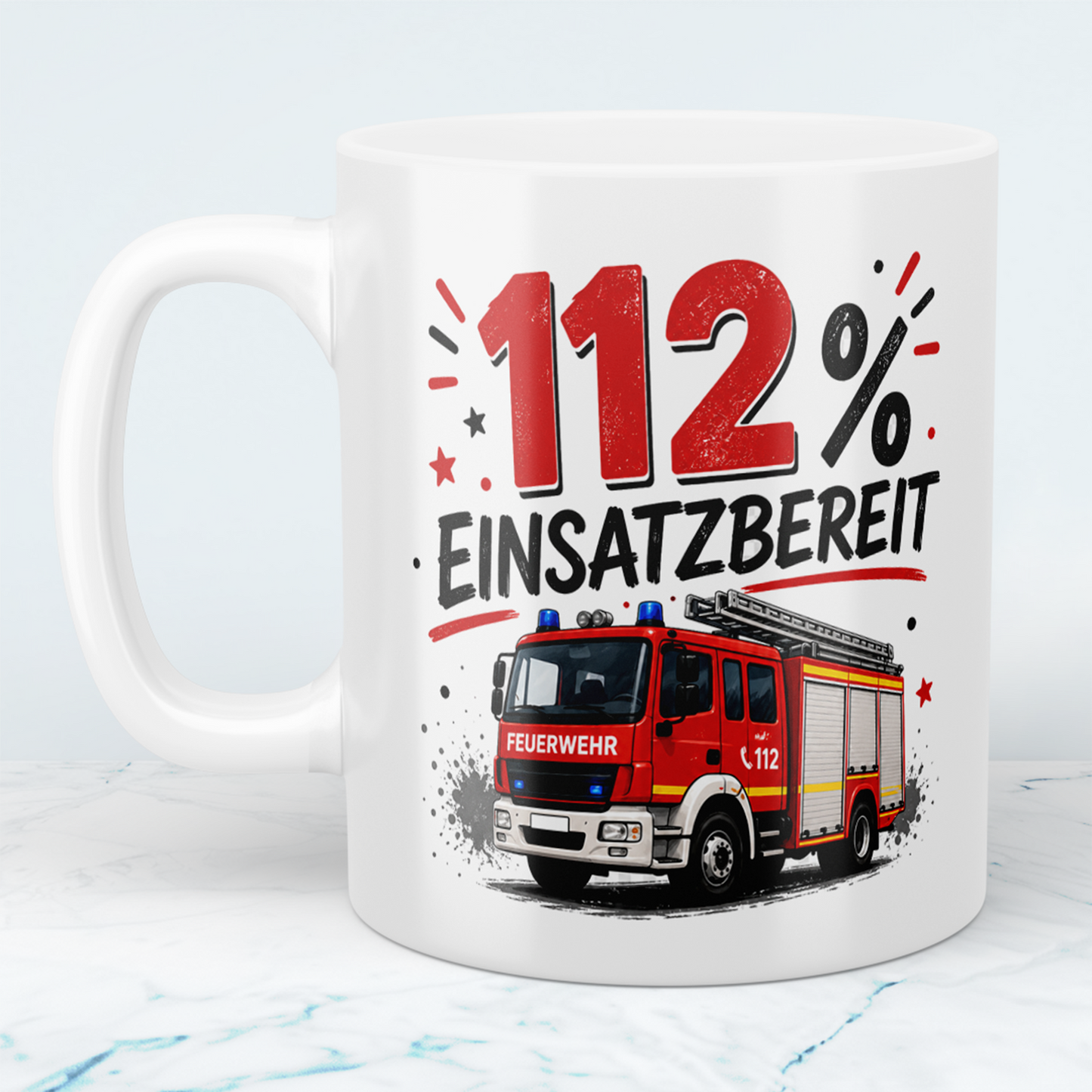 Feuerwehrtasse "112% Einsatzbereit" – Geschenk für Feuerwehrleute