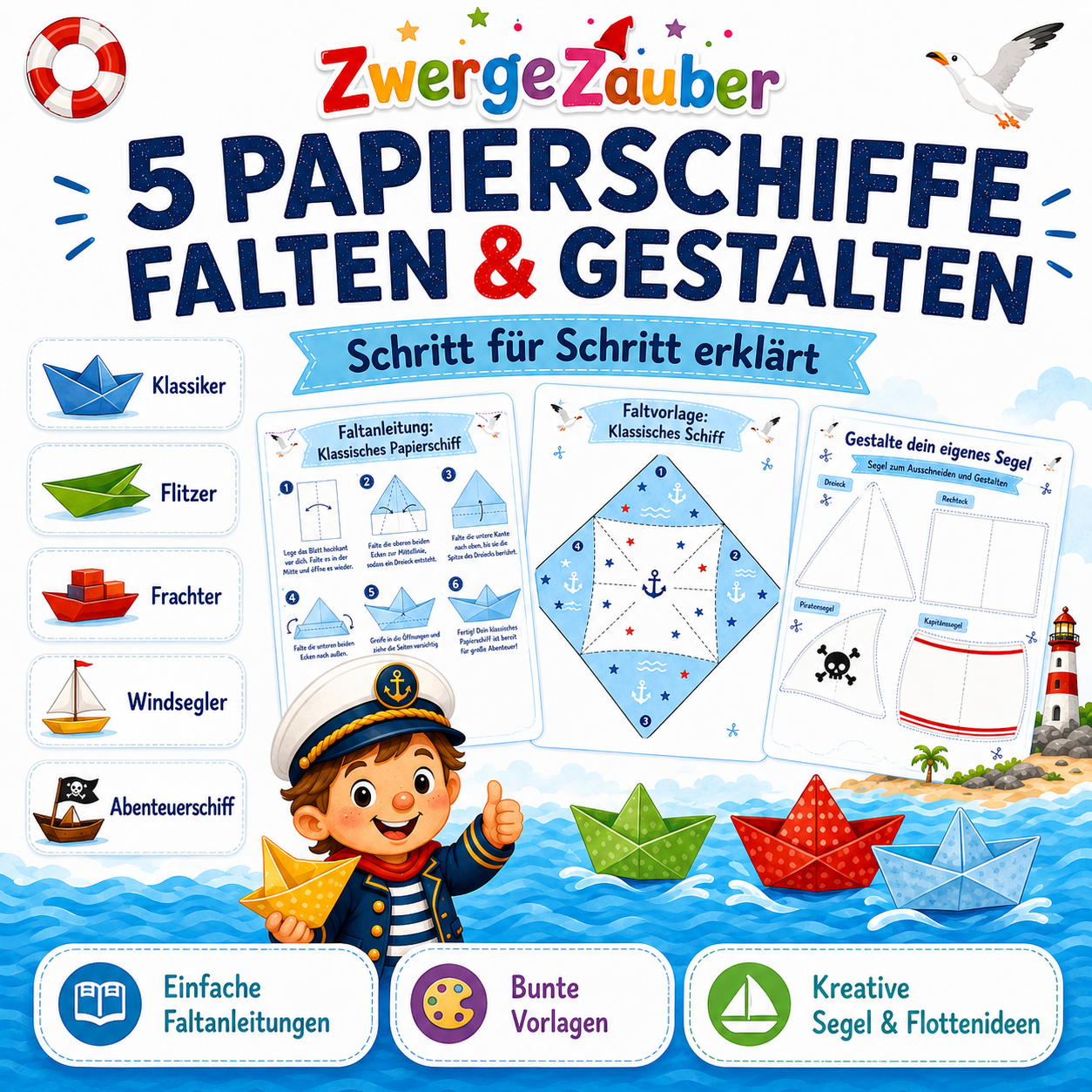 5 Papierschiffe falten und gestalten – Klassiker, Flitzer, Frachter, Windsegler und Abenteuerschiff mit Faltvorlagen