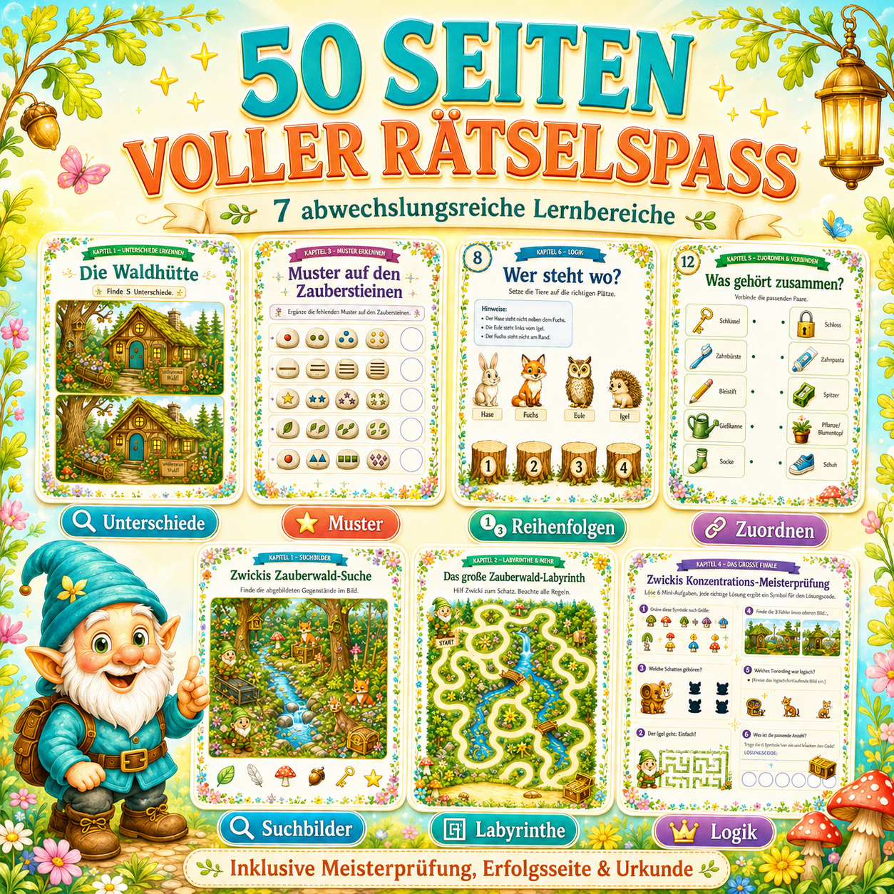 50 Seiten Konzentration und Logik für Kinder mit abwechslungsreichen Rätseln, Suchbildern, Denkspielen und Aufgaben zum Ausdrucken.