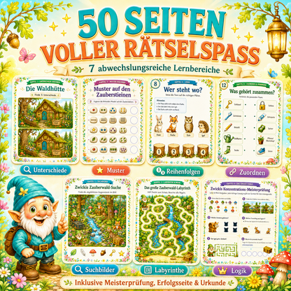 50 Seiten Konzentration und Logik für Kinder mit abwechslungsreichen Rätseln, Suchbildern, Denkspielen und Aufgaben zum Ausdrucken.