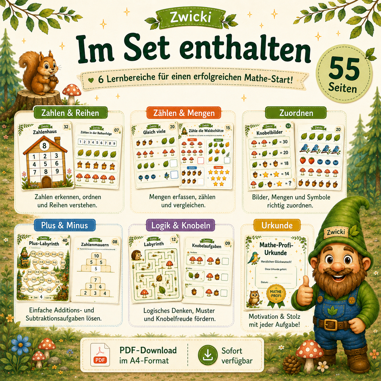55 abwechslungsreiche Mathe Arbeitsblätter für Vorschule, Schulanfang und 1. Klasse