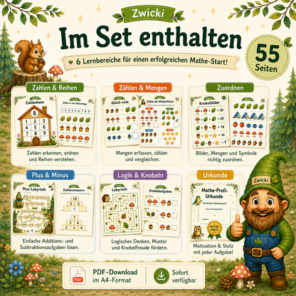 55 abwechslungsreiche Mathe Arbeitsblätter für Vorschule, Schulanfang und 1. Klasse