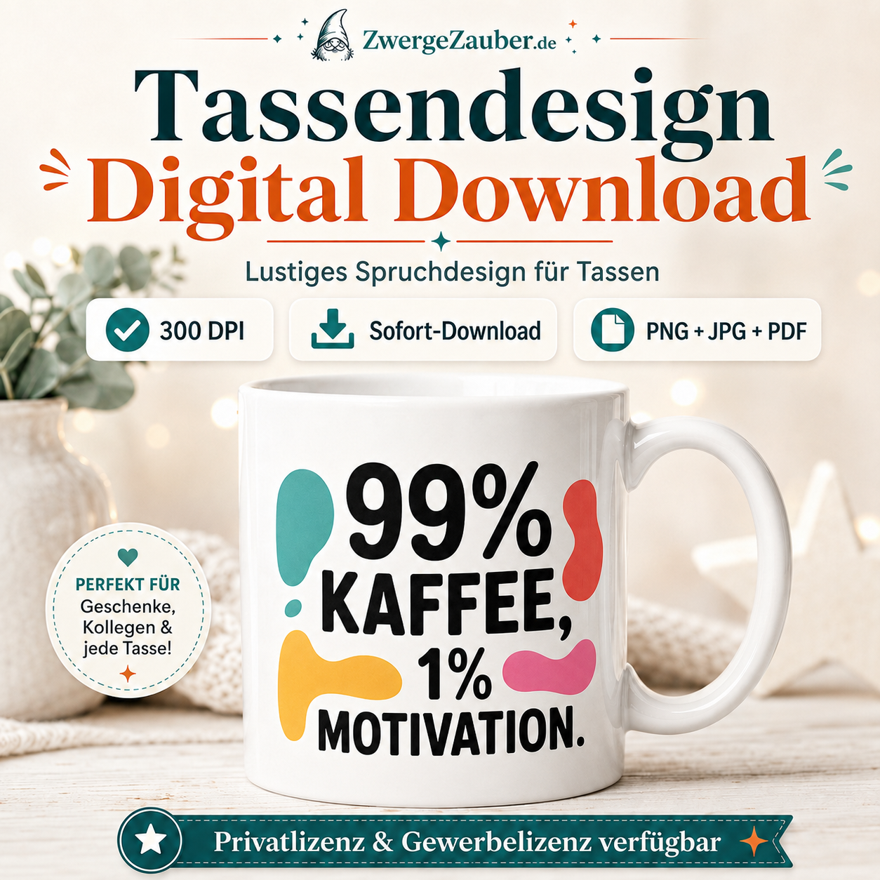 ZwergeZauber Tassendesign 99 % Kaffee - 1 % Motivation – Verkaufsbild 1