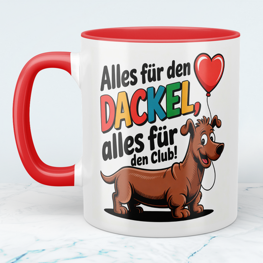 Bedruckte Kaffeetasse mit Spruch – Alles für den Dackel – Originelles Geschenk