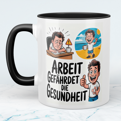 Lustige Bedruckte Tasse: “Arbeit gefährdet die Gesundheit” – Ideales Geschenk für Kollegen im Büro