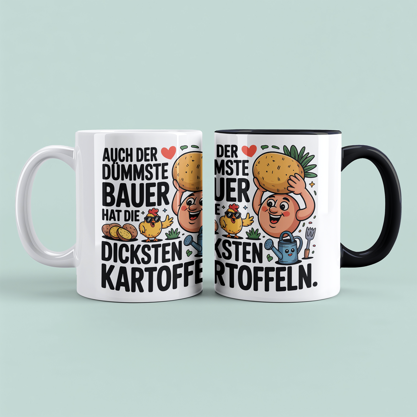 Witzige Bürotasse für Kollegen mit Spruch: "Auch der dümmste Bauer hat die dicksten Kartoffeln"