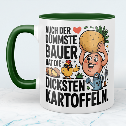 Witzige Bürotasse für Kollegen mit Spruch: "Auch der dümmste Bauer hat die dicksten Kartoffeln"