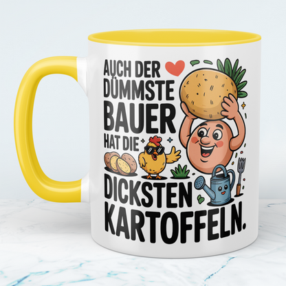 Witzige Bürotasse für Kollegen mit Spruch: "Auch der dümmste Bauer hat die dicksten Kartoffeln"
