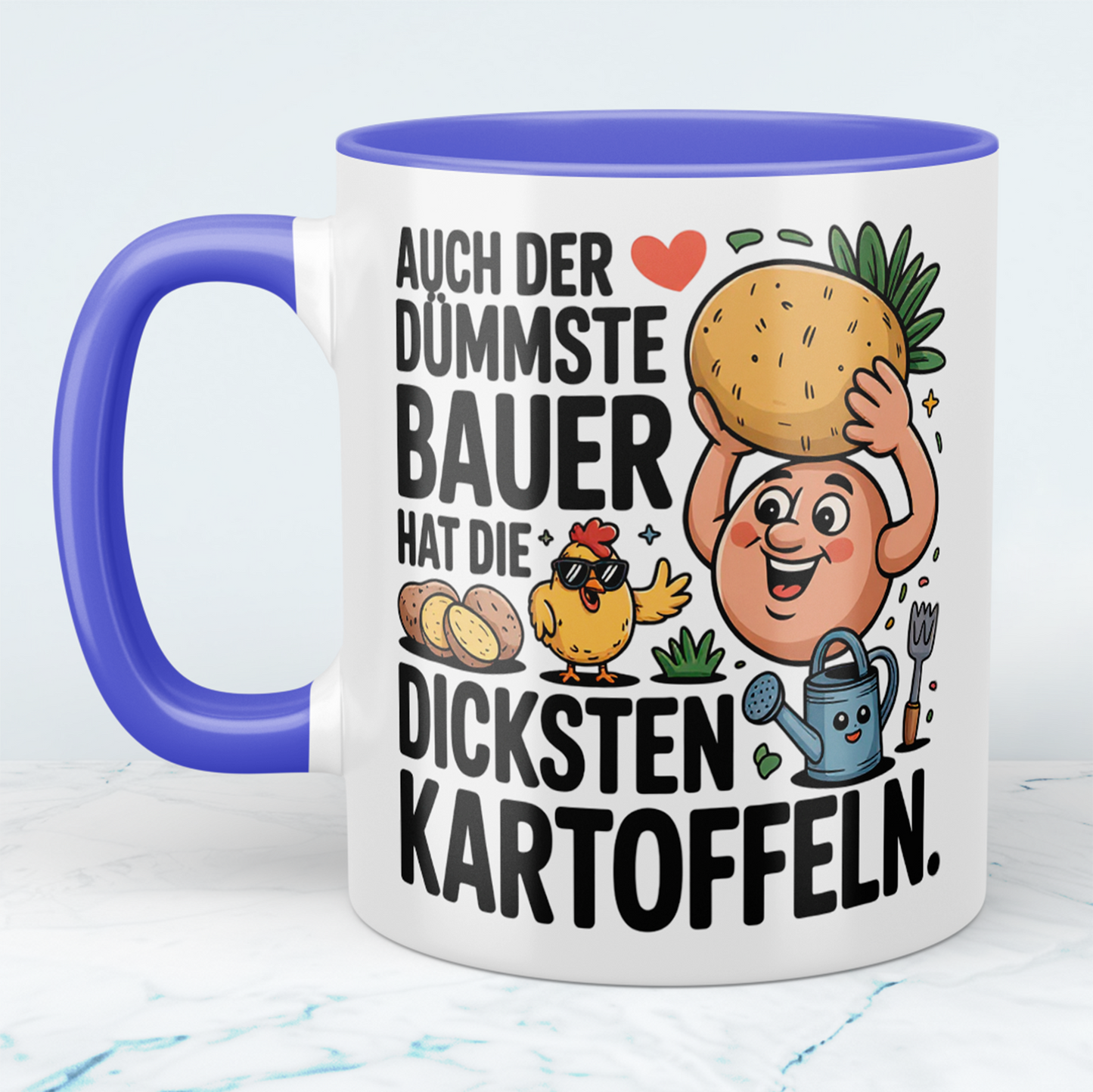 Witzige Bürotasse für Kollegen mit Spruch: "Auch der dümmste Bauer hat die dicksten Kartoffeln"