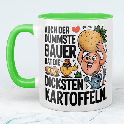 Witzige Bürotasse für Kollegen mit Spruch: "Auch der dümmste Bauer hat die dicksten Kartoffeln"