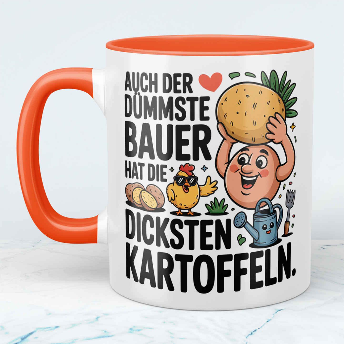 Witzige Bürotasse für Kollegen mit Spruch: "Auch der dümmste Bauer hat die dicksten Kartoffeln"