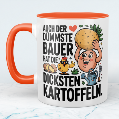 Witzige Bürotasse für Kollegen mit Spruch: "Auch der dümmste Bauer hat die dicksten Kartoffeln"