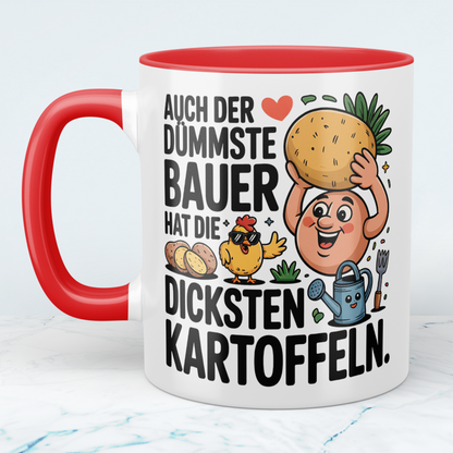 Witzige Bürotasse für Kollegen mit Spruch: "Auch der dümmste Bauer hat die dicksten Kartoffeln"