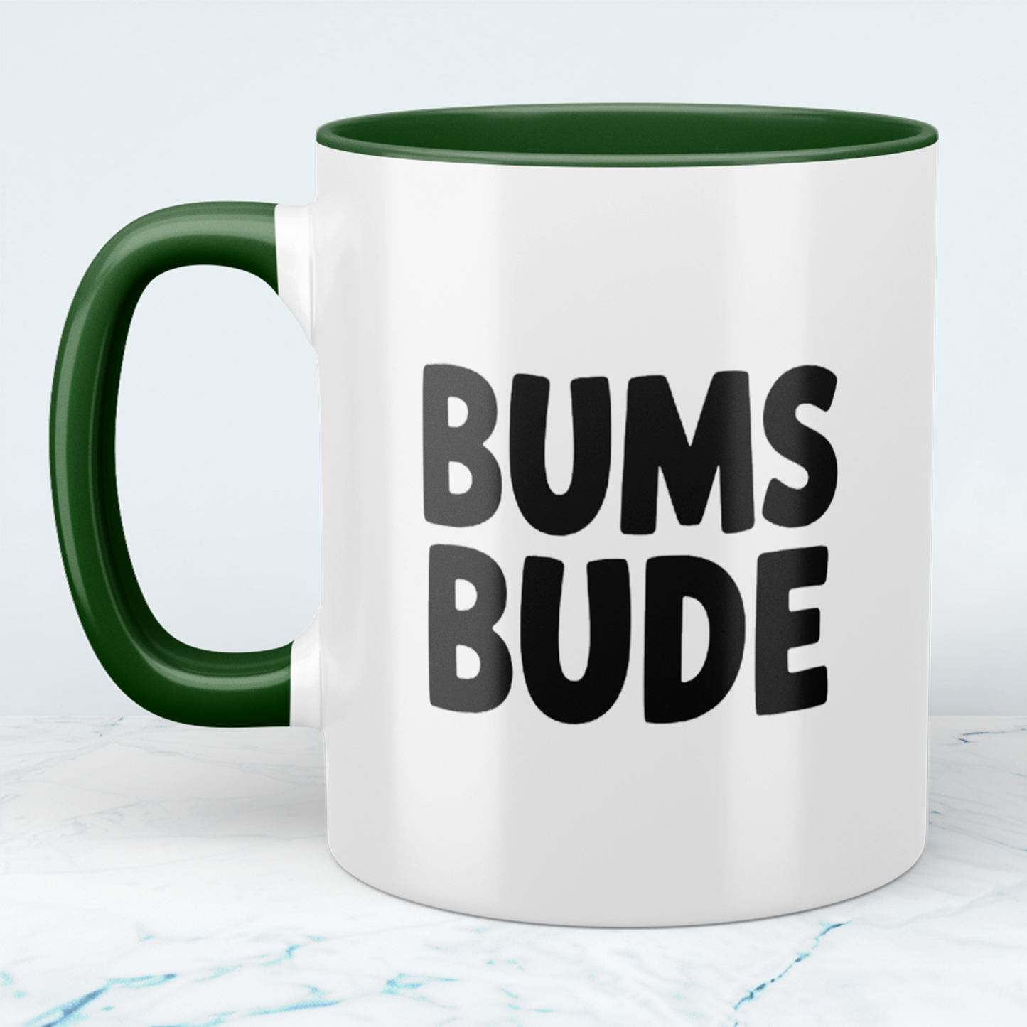 Bedruckte Spaß-Tasse BUMSBUDE – Geschenkidee für Büro & Alltag