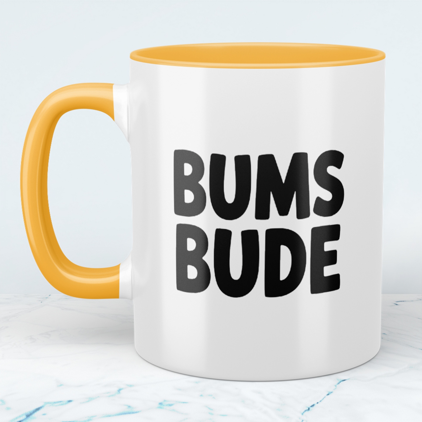 Bedruckte Spaß-Tasse BUMSBUDE – Geschenkidee für Büro & Alltag