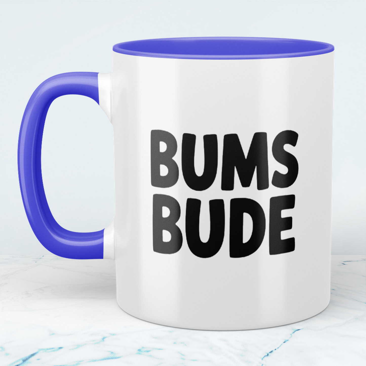 Bedruckte Spaß-Tasse BUMSBUDE – Geschenkidee für Büro & Alltag