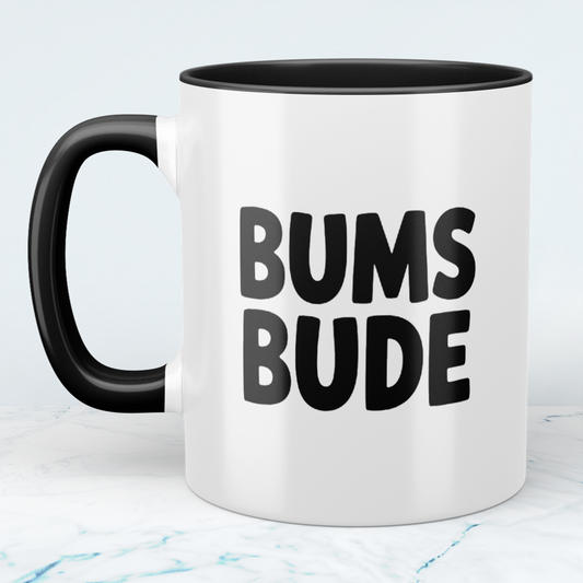 Bedruckte Spaß-Tasse BUMSBUDE – Geschenkidee für Büro & Alltag