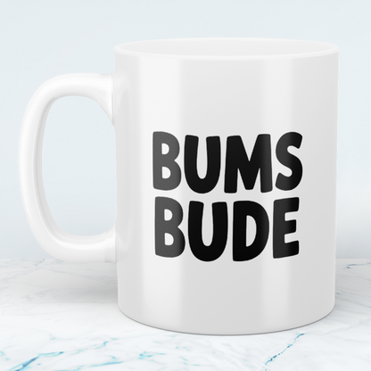 Bedruckte Spaß-Tasse BUMSBUDE – Geschenkidee für Büro & Alltag