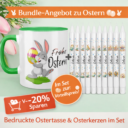 Oster Bundle – Bedruckte Ostertasse + 10 Osterkerzen mit verschiedenen Motiven | Perfektes Ostergeschenk
