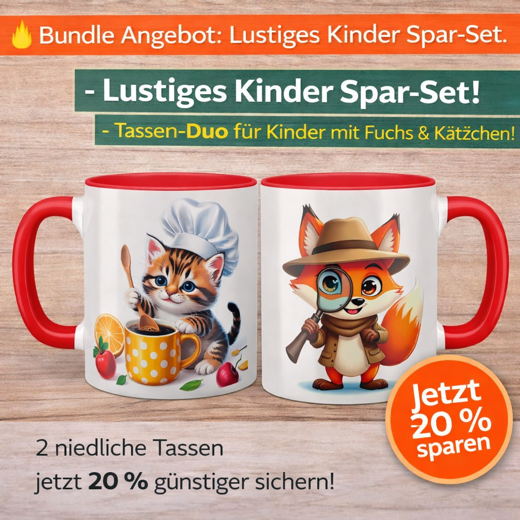 Lustiges Kinder Tassen Spar-Set – Fuchs & Kätzchen Motiv im 2er Bundle | Geschenk für Kinder