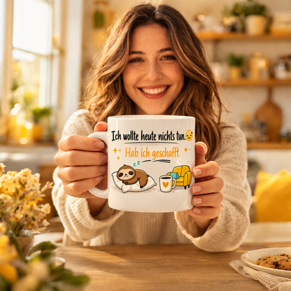 Lustige Kaffeetasse „Ich wollte heute nichts tun. Hab ich geschafft“ – Spruch Becher Geschenk