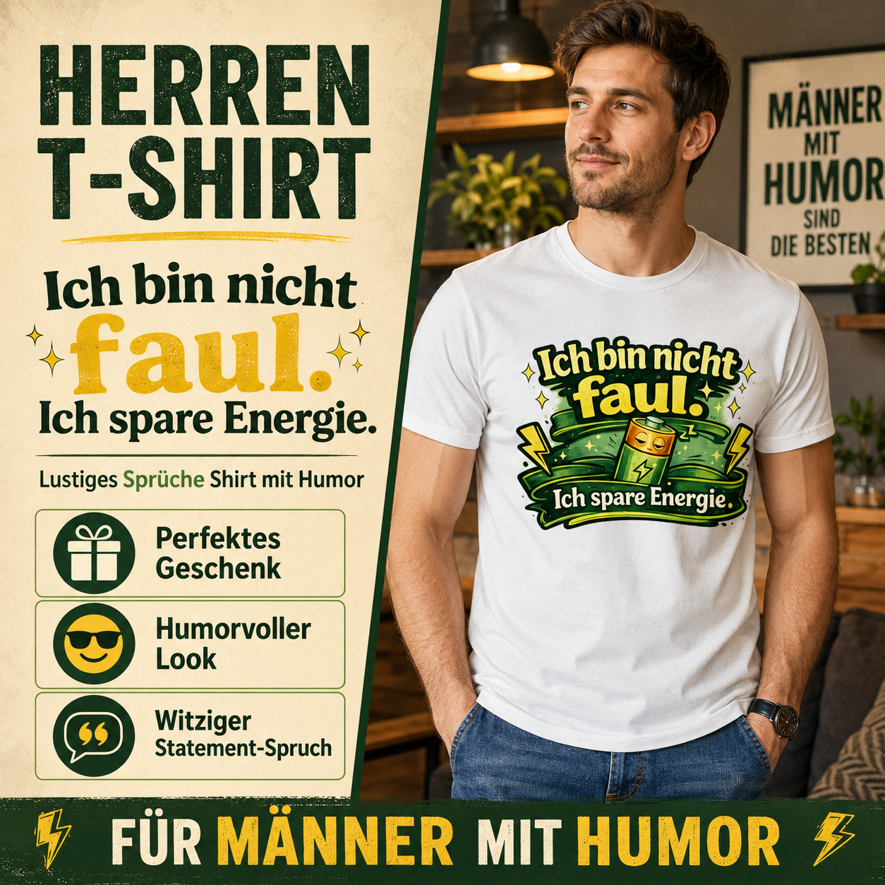 Herren T-Shirt „Ich bin nicht faul. Ich spare Energie.“ – Lustiges Sprüche Shirt mit Humor