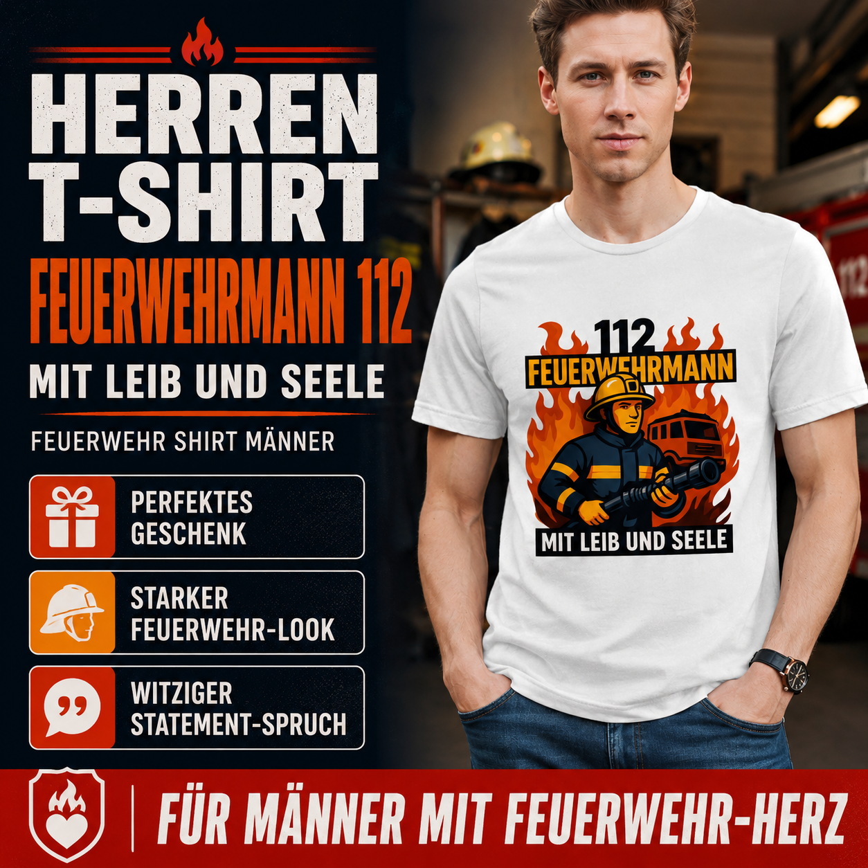 Herren T-Shirt Feuerwehrmann 112 – Mit Leib und Seele | Feuerwehr Shirt Männer