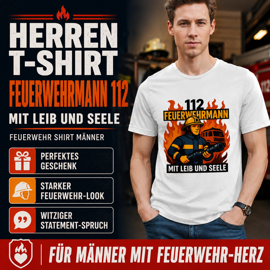 Herren T-Shirt Feuerwehrmann 112 – Mit Leib und Seele | Feuerwehr Shirt Männer