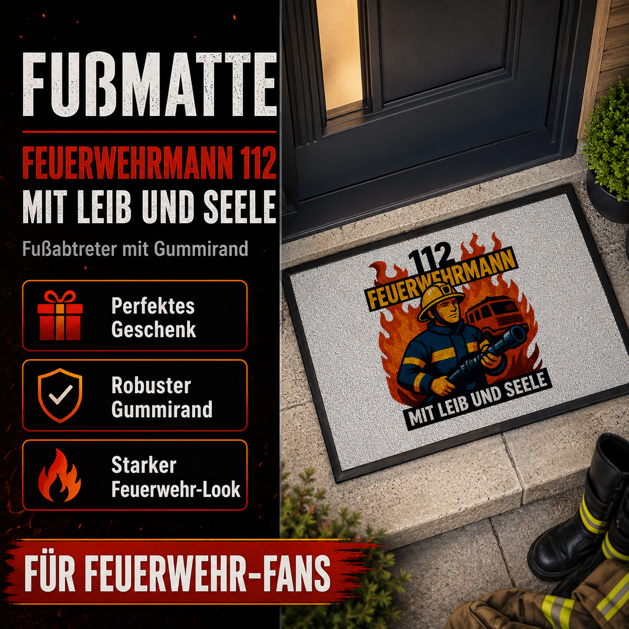 Fußmatte Feuerwehrmann 112 – Mit Leib und Seele | Fußabtreter mit Gummirand
