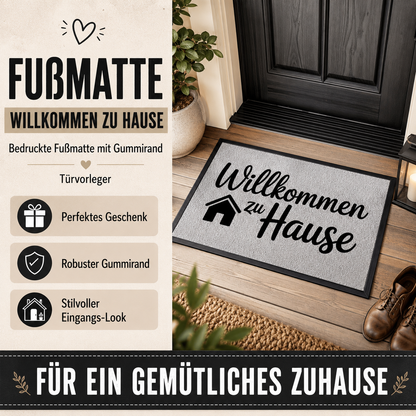 Bedruckte Fußmatte mit Gummirand – Willkommen zu Hause | Türvorleger